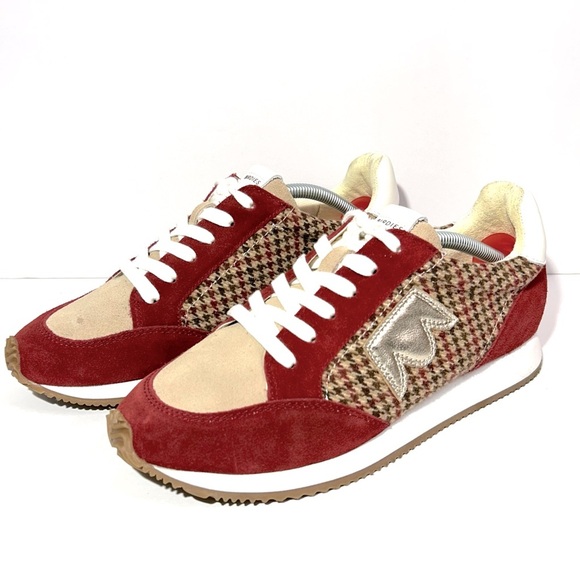 Birdies Women's Roadrunner Lace-up Sneakers Primary Plaid Red Brown Ivory Size 9 - Picture 2 of 9